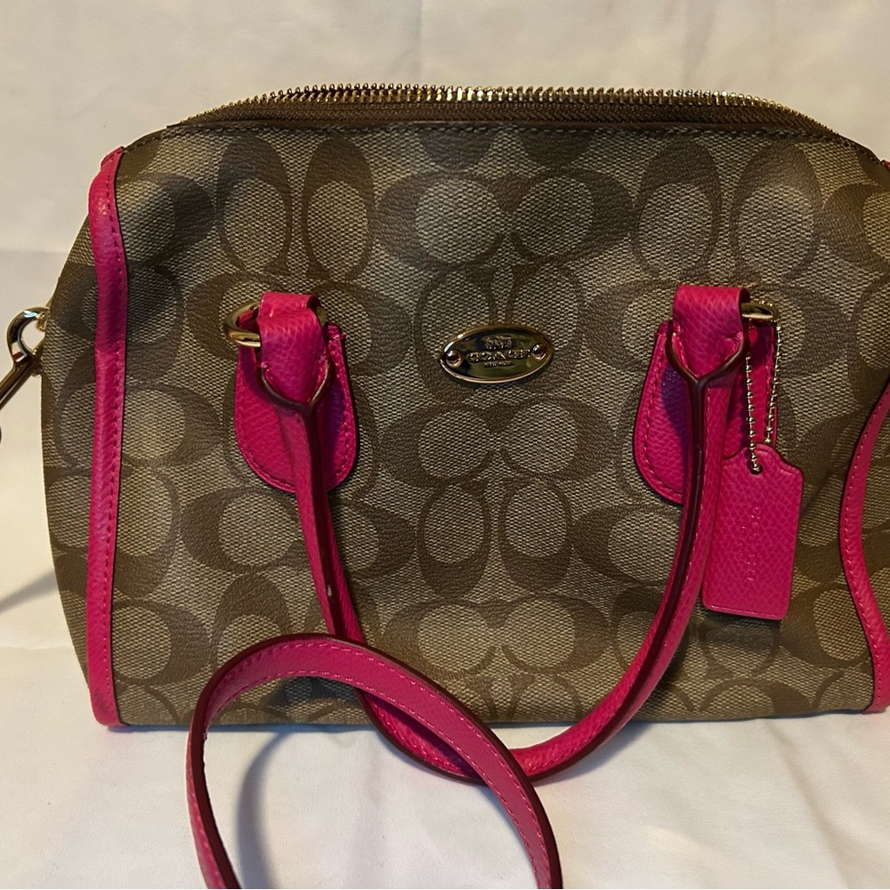 Coach Brown Satchel with Vibrant Pink Highlights
